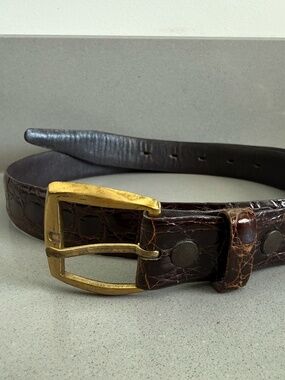 Vintage Brown Genuine Alligator Leather Belt Size 32 Antiqued Brass Buckle